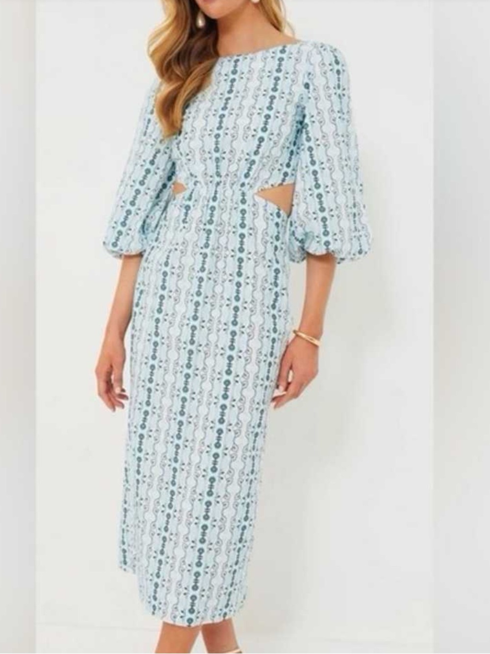 Hyacinth House "Cisco" Midi/Maxi Dress light blue and navy stripe puff sleeve